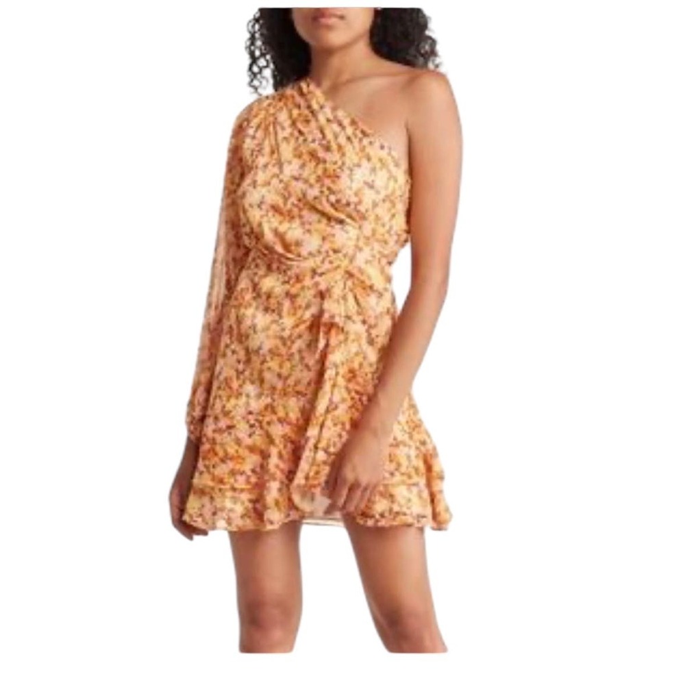 NWT Lush Long Sleeve One Shoulder Side Tie Floral Mustard Rush Small Mini‎ Dress